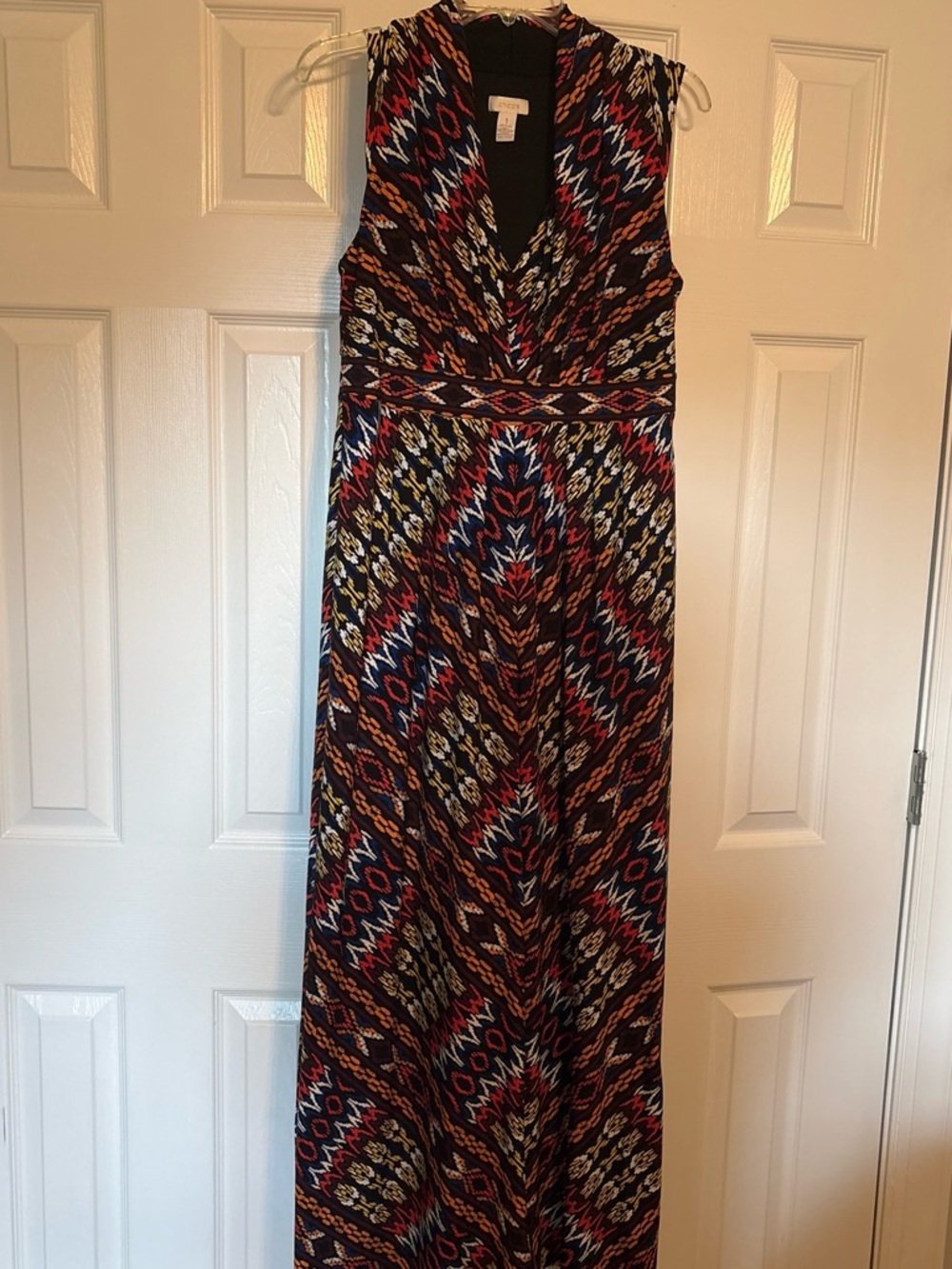 Chico's Sleeveless Maxi Dress in Black with Red, Blue & Gold Print